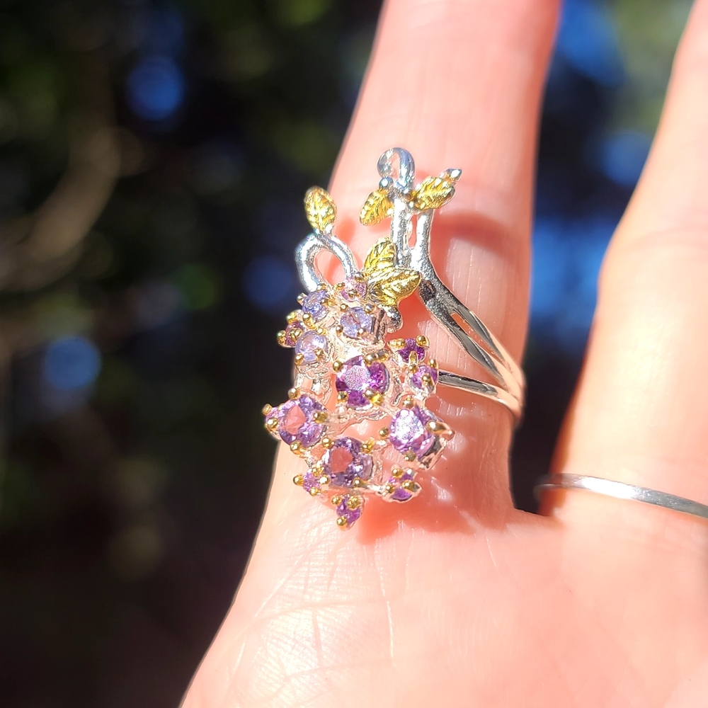 Amethyst & Topaz floral sterling & gold finger cuff sz7.75 - Picture 8 of 12